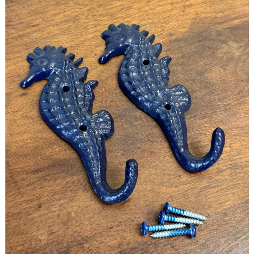 Vintage Cast Iron Seahorse Wall Hooks Set of 2 Navy Blue Coastal Nautical 5.25